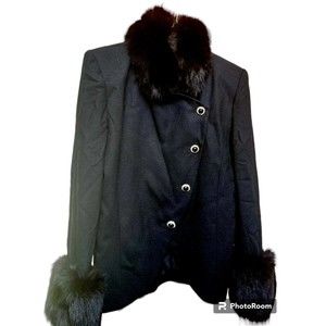 Vintage Nolan Miller Fur Trimmed Black Wool Jacket Size 6 Jewel Buttons